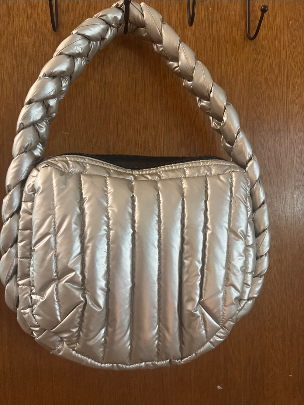 THINK ROYLN Metallic Pearl Champagne Quilted Braided-Handle Shoulder Bag